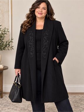 Preston & York Women’s 3X Black Embroidered Shawl Collar Coat Vintage 100% wool